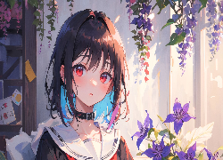 Dziewczyna, Mundurek, Kwiaty, Światło, Słoneczne, Anime