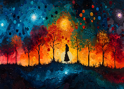 Grafika, Malarstwo, Drzewa, Dziewczyna, Fantasy, Kolory