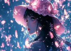 Dziewczyna, Różowy, Kapelusz, Anime, Motyle