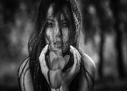 Dziewczyna, Długie, Włosy, Czarno-białe