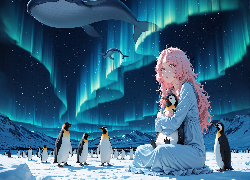 Dziewczyna, Zorza polarna, Pingwiny, Wieloryby, Anime