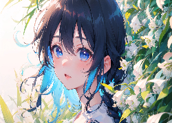 Dziewczyna, Niebieskie, Oczy, Kwiaty, Anime