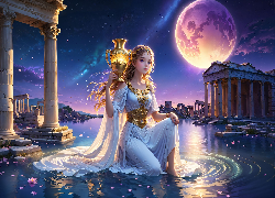 Dziewczyna, Woda, Dzban, Księżyc, Świątynia, Fantasy