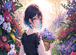 Ciemnowłosa, Dziewczyna, Kwiaty, Anime