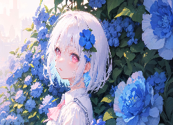Dziewczyna, Spojrzenie, Niebieskie, Kwiaty, Anime