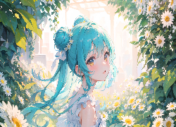 Anime, Dziewczyna, Niebieskie, Włosy, Kwiaty