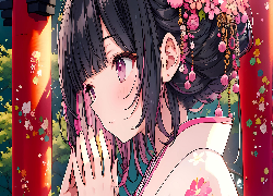 Dziewczyna, Kimono, Anime, Ozdoby, Kwiaty