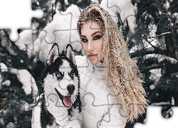 Dziewczyna, Blondynka, Pies, Siberian husky, Zima, Śnieg