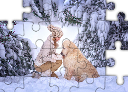 Zima, Drzewa, Śnieg, Dziewczynka, Pies, Golden retriever