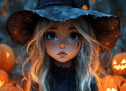 Dziewczynka, Kapelusz, Dynie, Halloween, AI