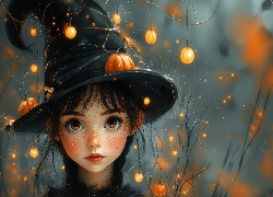 Dziewczynka, Kapelusz, Dynie, Halloween, AI