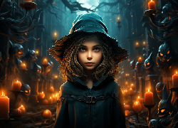 Dziewczynka, Kapelusz, Dynie, Świece, Halloween, AI