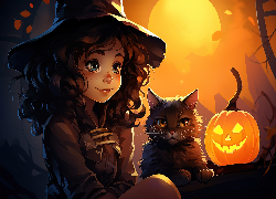 Halloween, Mała, Czarownica, Kot, Dynia, Grafika