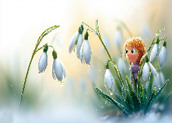 Przebiśniegi, Kwiaty, Dziewczynka, Grafika AI