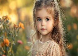 Dziewczynka, Długowłosa, Blondynka, Kwiaty