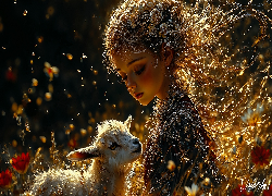 Dziewczynka, Kwiaty, Koza, Kózka, Grafika AI