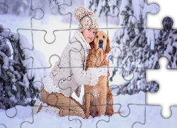Dziewczynka, Pies, Golden retriever, Śnieg, Zima, Ośnieżone, Drzewa