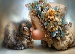 Mały, Kot, Dziewczynka, Kwiaty, Grafika AI