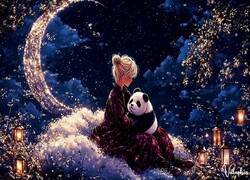 Noc, Dziewczyna, Panda wielka, Księżyc, Lampiony, Gwiazdy, Fantasy