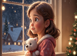 Dziewczynka, Pluszowy, Miś, Okno, Noc, AI