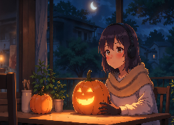 Halloween, Dziewczynka, Dynie, Stół, Krzesła, Noc, Księżyc, Anime