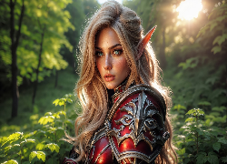 Dziewczyna, Blondynka, Elfka, Zbroja, Grafika AI