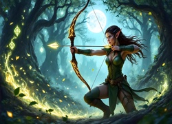 Fantasy, Strzała, Drzewa, Elfka, Wojowniczka, Łuk