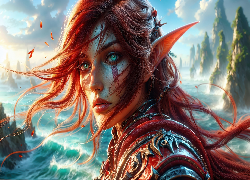Dziewczyna, Elfka, Włosy, Rude, Fantasy, Grafika AI
