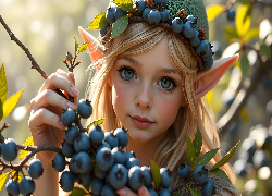 Dziewczynka, Elfka, Jagody, Borówki, Fantasy