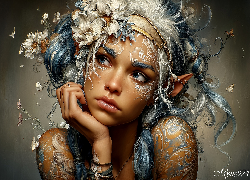 Dziewczyna, Elfka, Twarz, Opaska, Kwiaty, Grafika AI