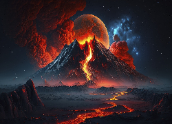 Noc, Wulkan, Erupcja, Ogień, Dym, Księżyc, AI
