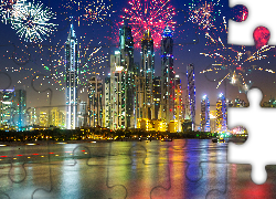 Zjednoczone Emiraty Arabskie, Dubaj, Noc, Wieżowce, Fajerwerki