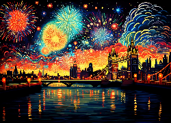 Nowy Rok, Domy, Rzeka, Most, Oświetlenie, Kolorowe, Fajerwerki, Grafika, Londyn, Anglia