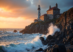 Morze, Fale, Latarnia morska, Skały, Zachód słońca