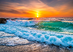 Fale, Morze, Zachód słońca, Grafika AI