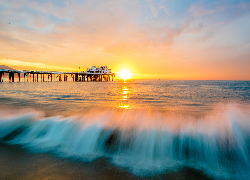 Zachód słońca, Morze, Molo, Malibu, Kalifornia, Stany Zjednoczone