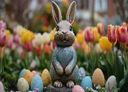 Wielkanoc, Zając, Figurka, Pisanki, Tulipany