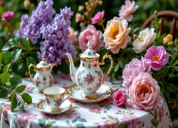 Filiżanka, Dzbanek, Talerzyki, Stolik, Kwiatowy, Obrus, Kwiaty, AI