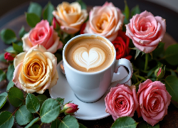 Filiżanka, Kawa, Cappuccino, Talerzyk, Kwiaty, Kolorowe, Róże, AI