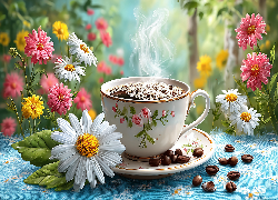 Filiżanka, Kawa, Ziarna, Kwiaty, Grafika AI