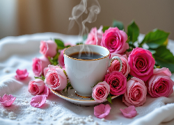 Filiżanka, Kawa, Kwiaty, Róże, Serweta