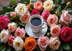 Biała, Filiżanka, Kawa, Talerzyk, Kolorowe, Róże