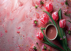 Czerwone, Tulipany, Filiżanka, Różowe, Tło