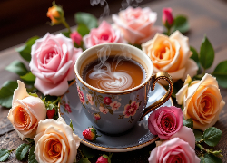 Filiżanka, Kawa, Kwiaty, Róże