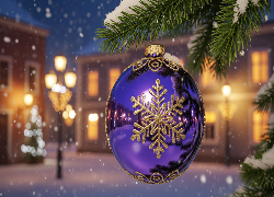 Fioletowa, Bombka, Gałązka, Ośnieżona, Boże Narodzenie