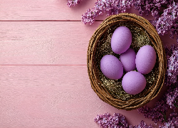 Wielkanoc, Fioletowe, Jajka, Wiklinowy, Koszyk, Siano, Fioletowe, Gałązki, Bzu, Różowe, Tło