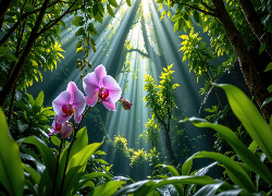 Drzewa, Rośliny, Kwiaty, Fioletowe, Storczyki, Przebijające światło, Grafika AI, Las