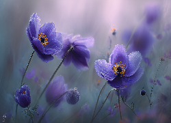 Zawilce, Fioletowe, Kwiaty, Grafika AI