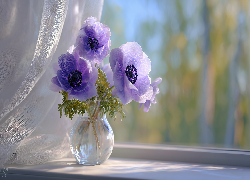 Fioletowe, Zawilce, Anemony, Wazon, Okno, Firanki, Grafika AI