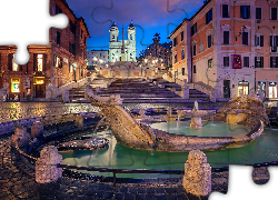 Włochy, Rzym, Plac Piazza di Spagna - Plac Hiszpański, Schody Hiszpańskie, Fontana della Barcaccia, Noc, Światła